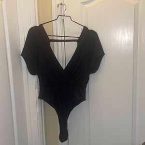 ASOS DESIGN angel sleeve wrap ruched detail bodysuit in black